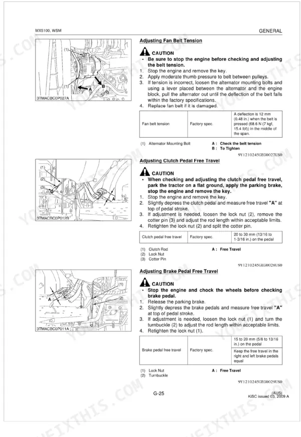 Kubota MX5100, MX5100HST procedures for adjusting fan belt tension, clutch pedal free travel, and brake pedal free travel.
