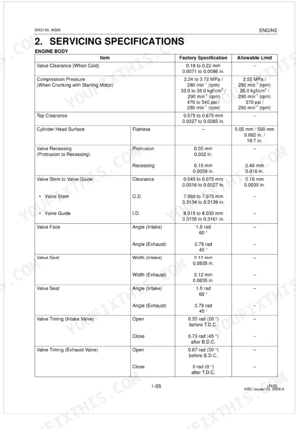 Kubota MX5100, MX5100HST engine body servicing specifications table for valve clearance, compression, and timing.
