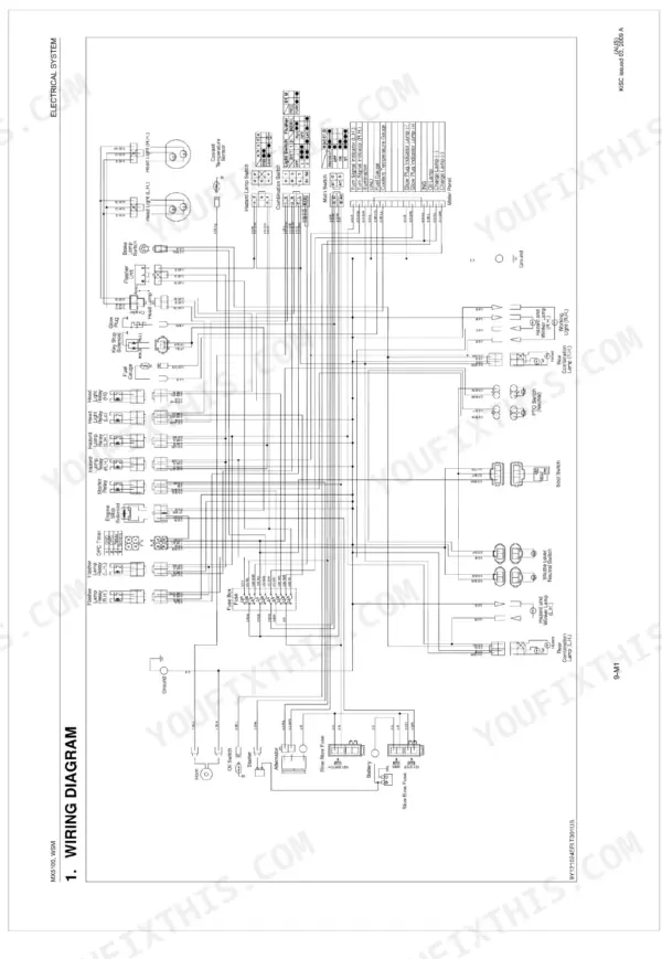 Kubota MX5100, MX5100HST electrical system wiring diagram showing battery, alternator, relays, and lighting circuits.