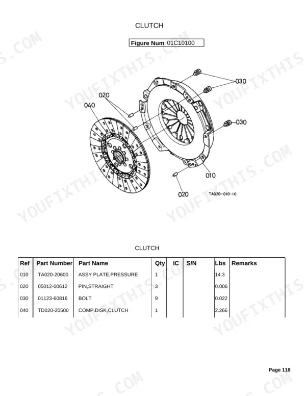 Kubota MX5100H exploded view diagram and parts list for clutch pressure plate, disk, pins, and bolts.