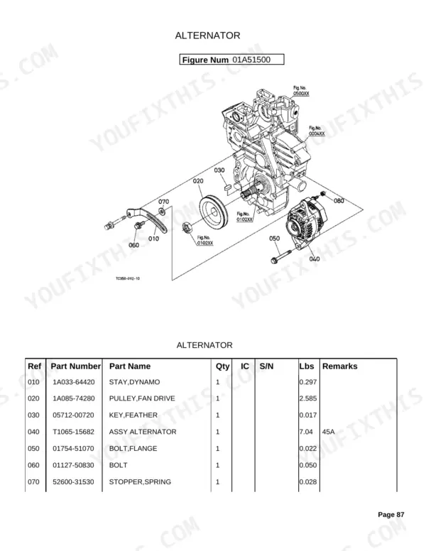 Kubota MX5100H alternator exploded view diagram and parts list including pulley, dynamo stay, and mounting bolts.
