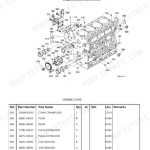Kubota MX5100H crank case exploded view diagram and parts list with reference numbers for engine components.