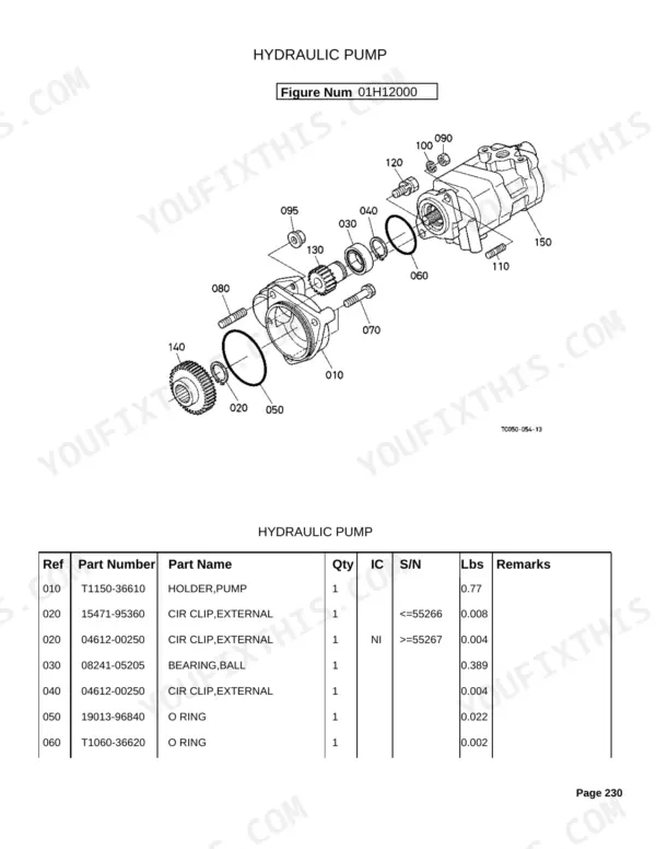 Kubota MX5100H hydraulic pump exploded view diagram and parts list with reference numbers for pump components.