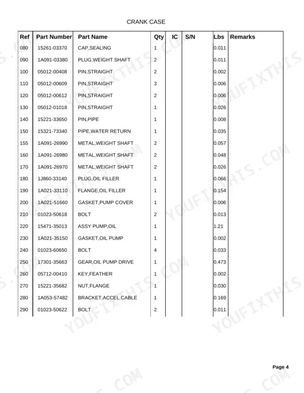 Kubota MX5100H crank case parts list table with reference numbers, part names, quantities, and weights.