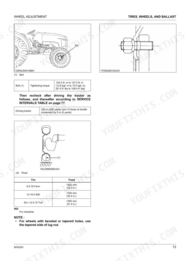 Kubota MX5200 wheel adjustment diagrams, bolt torque specifications, and tire tread width table for maintenance.