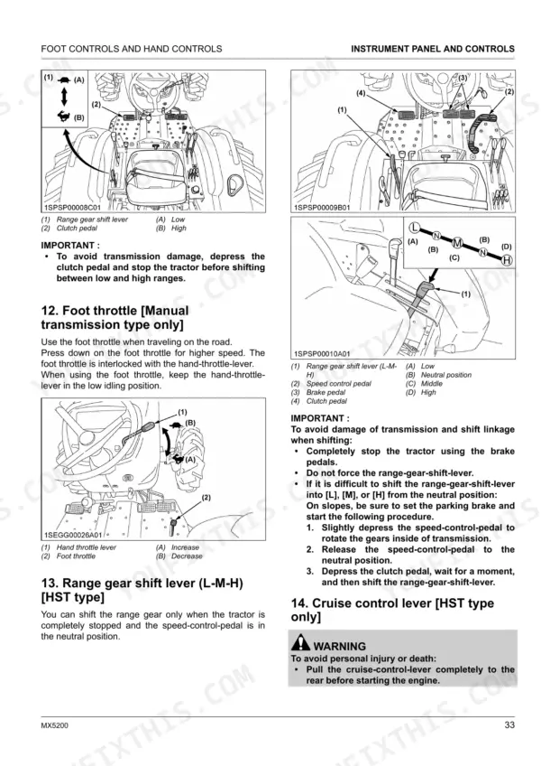 Kubota MX5200 manual page showing foot and hand controls, range gear shift lever, foot throttle, and cruise control.
