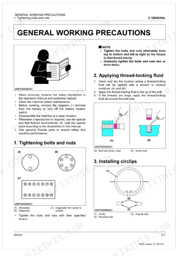 Kubota MX5200 service manual page on general working precautions, bolt tightening patterns, thread-locking, and circlips.