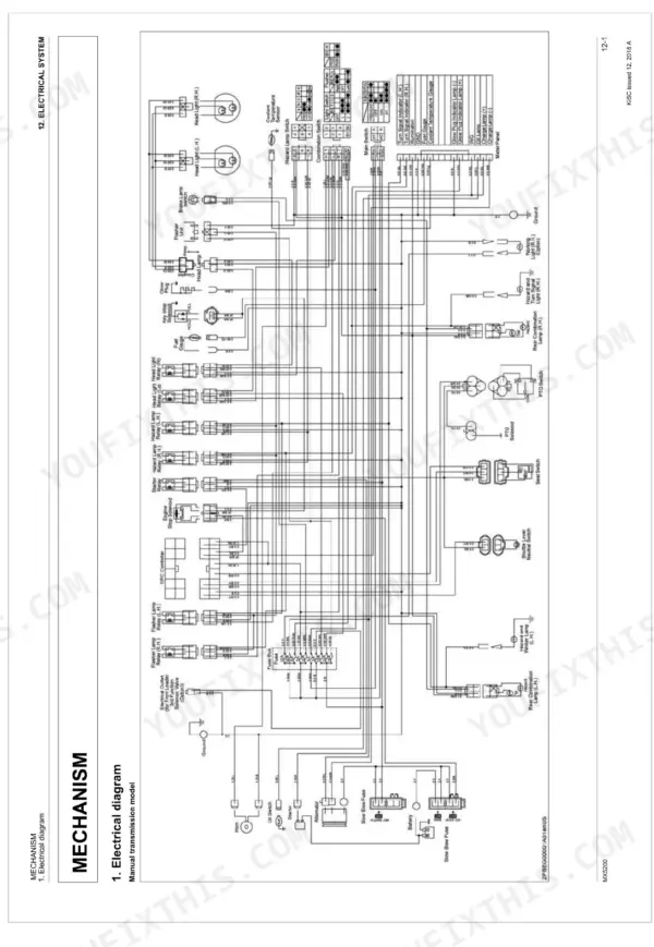 Kubota MX5200 electrical wiring diagram for manual transmission model showing relays, switches, and lighting circuits.
