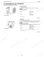 Kubota OC60-E2, OC95-E2 engine service manual showing procedures and capacity tables for draining engine oil and fuel.