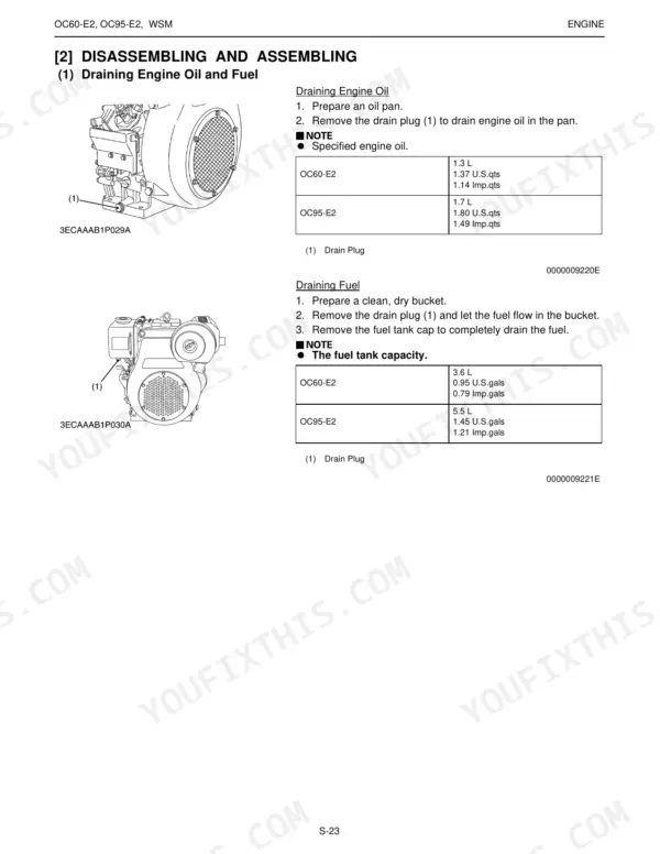 Kubota OC60-E2, OC95-E2 engine service manual showing procedures and capacity tables for draining engine oil and fuel.