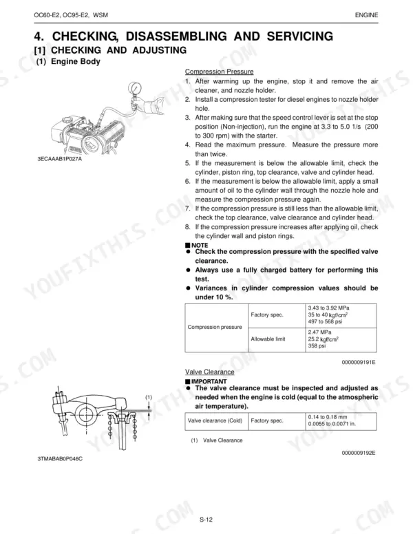 Kubota OC60-E2, OC95-E2 engine compression pressure testing procedure, valve clearance adjustment specs, and diagrams.