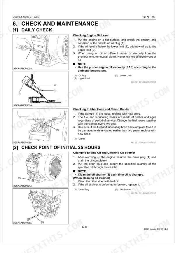 Kubota OC60-E4, OC95-E4 daily check and 25-hour maintenance procedures for engine oil, hoses, and oil strainer.