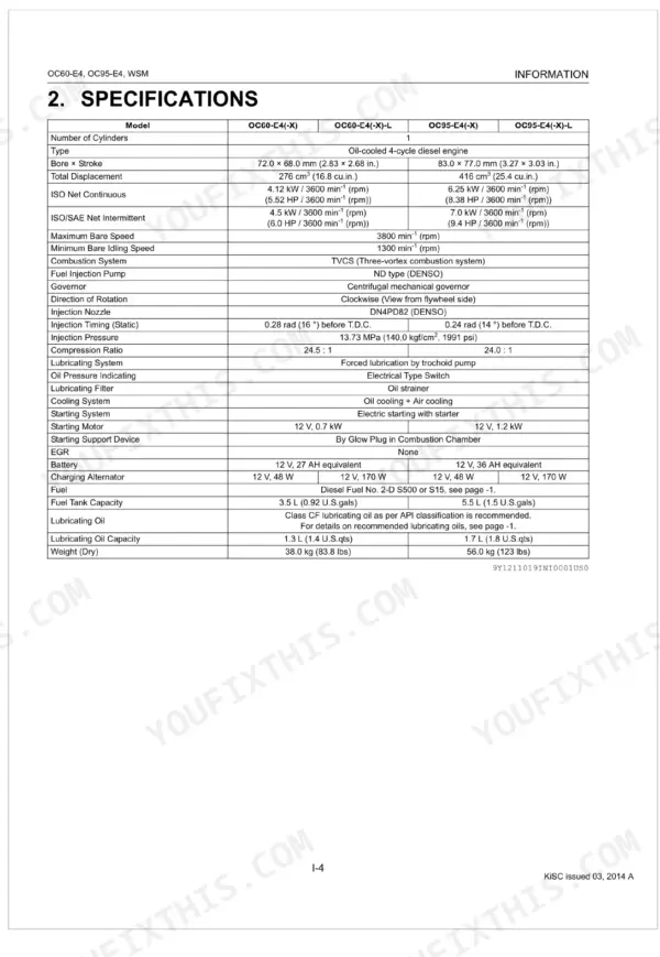 Kubota OC60-E4, OC95-E4 engine specifications table including bore, stroke, displacement, and power output ratings.