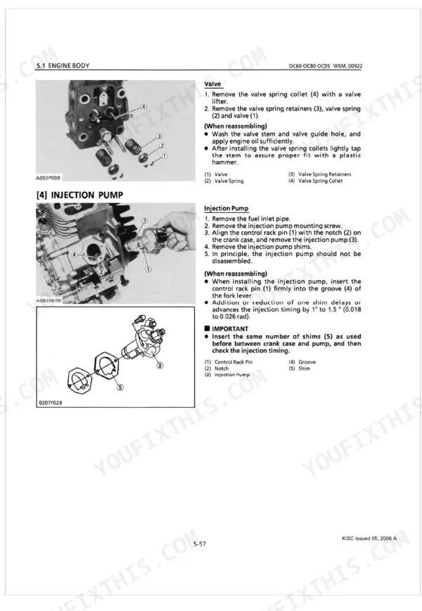 Kubota OC60, OC80, OC95 service manual page showing valve spring removal and injection pump installation procedures.