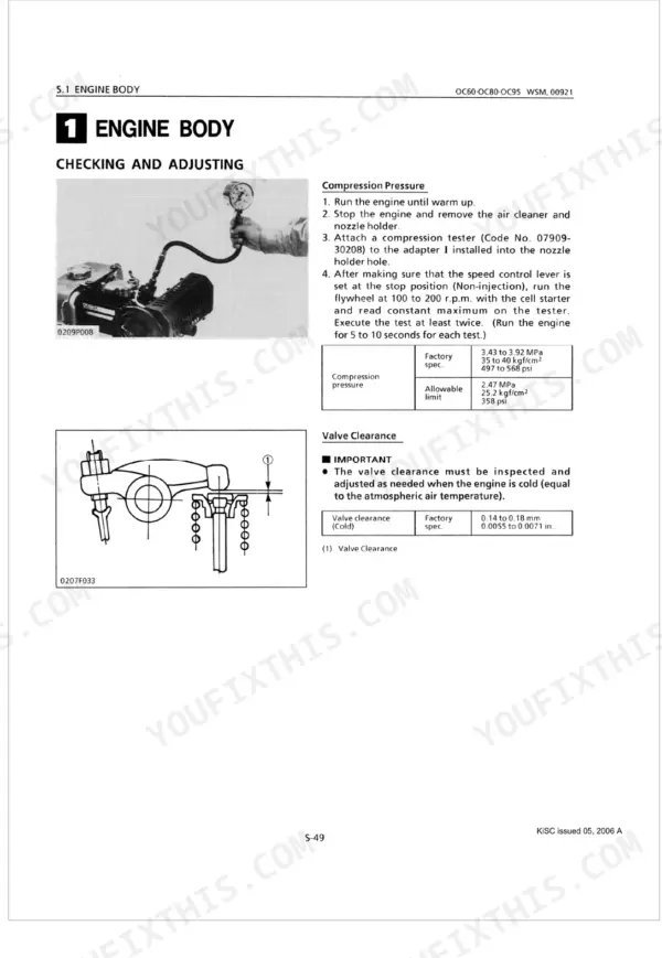 Kubota OC60, OC80, OC95 engine body compression pressure testing procedure and valve clearance adjustment specifications.