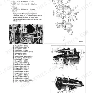 Kubota R310(B), R410(B) hydraulic pump reassembly, torque specifications, and component parts list diagram.