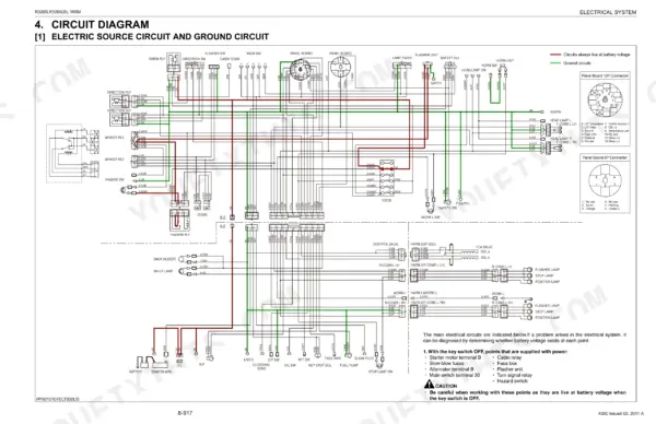 Kubota R320S, R320S(B) electric source and ground circuit wiring diagram showing relays, fuses, and connector pinouts.