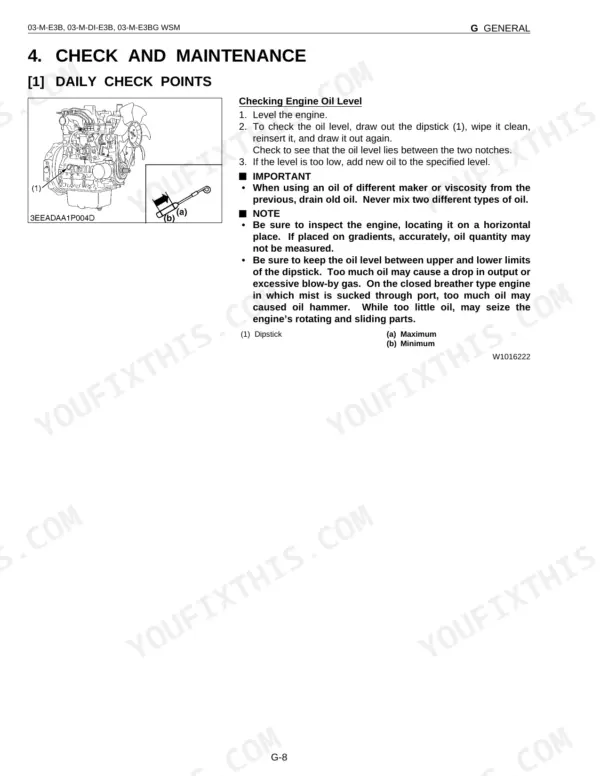 Kubota R420α, R520α, R420S, R520S engine oil level check procedure, dipstick diagram, and maintenance instructions.