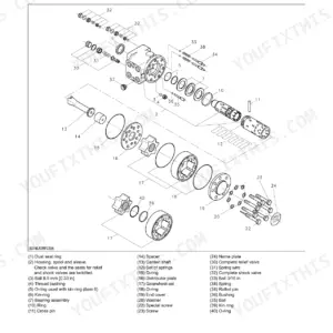 Kubota R420S, 520S, R420α, 520α hydrostatic steering unit OSPF exploded view diagram and component parts list.