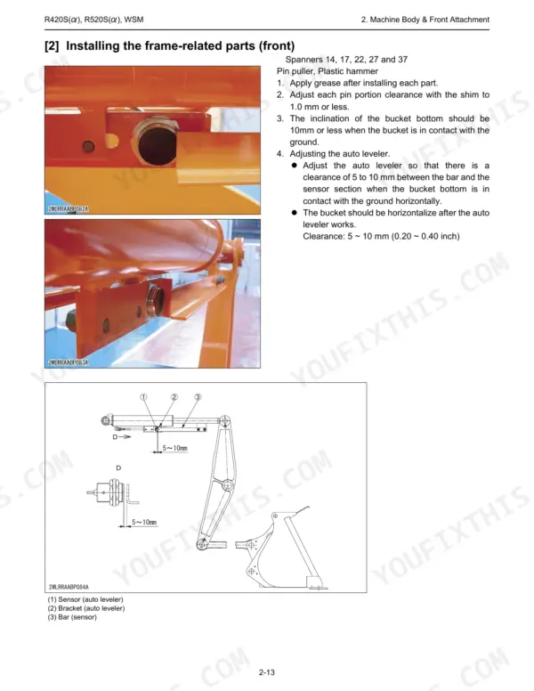 Kubota R420S, 520S, R420α, 520α service manual: procedure for installing frame-related parts and adjusting auto leveler.