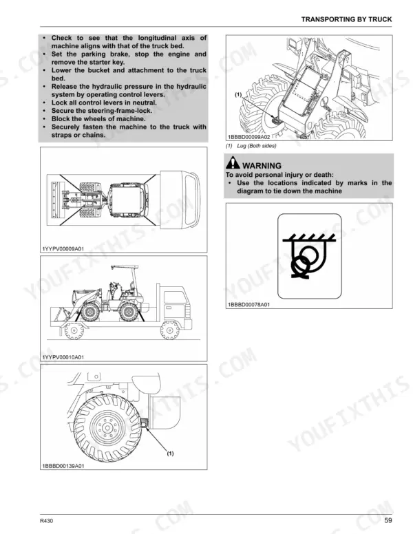 Kubota R430 transport procedures showing tie-down lug locations, truck loading diagrams, and safety warning instructions.