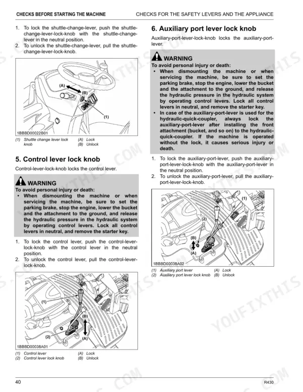 Kubota R430 operator manual: diagrams and procedures for shuttle, control, and auxiliary port lever lock knobs.