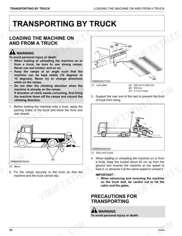 Kubota R540 manual page showing safety procedures and diagrams for loading and transporting the machine by truck.