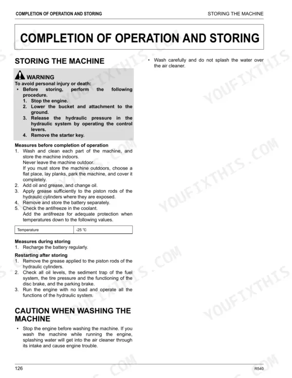 Kubota R540 operator manual page for machine storage, cleaning procedures, and restarting instructions.