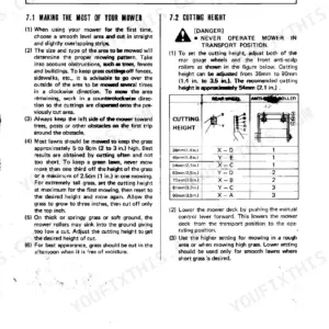 Kubota RC40-G, RC44-G, RC48-G operation manual showing mowing tips and a cutting height adjustment table and diagram.