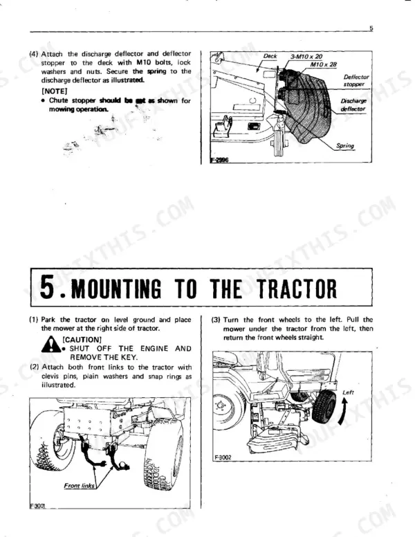 Kubota RC40-G, RC44-G, RC48-G mower deck discharge deflector installation and tractor mounting procedures.