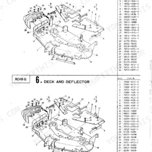 Kubota RC44-G, RC48-G exploded view diagram and parts list for mower deck and deflector components.