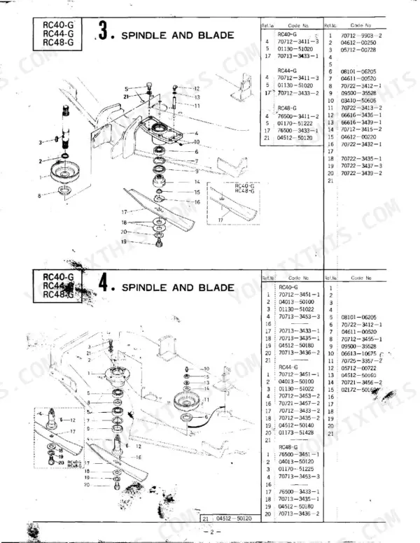 Kubota RC40-G, RC44-G, RC48-G exploded view diagrams and parts lists for mower deck spindle and blade assemblies.