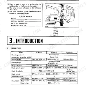 Kubota RC40-G, RC44-G, RC48-G serial number location diagram and mower specifications table including dimensions and blade data.