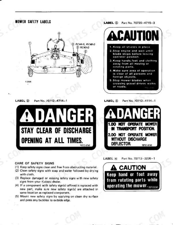 Kubota RC40-G, RC44-G, RC48-G mower safety labels diagram showing decal placement and maintenance instructions.
