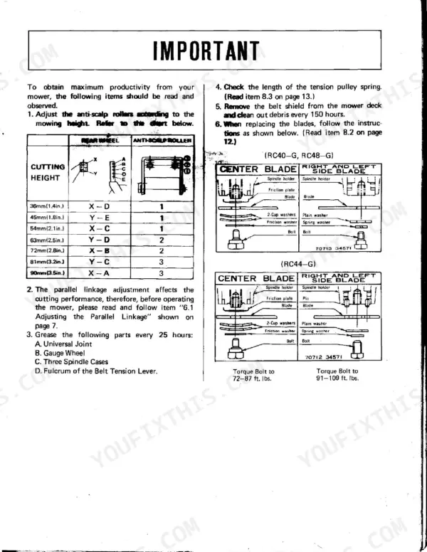 Kubota RC40-G, RC44-G, RC48-G mower deck cutting height adjustment chart, blade installation diagrams, and torque specifications.