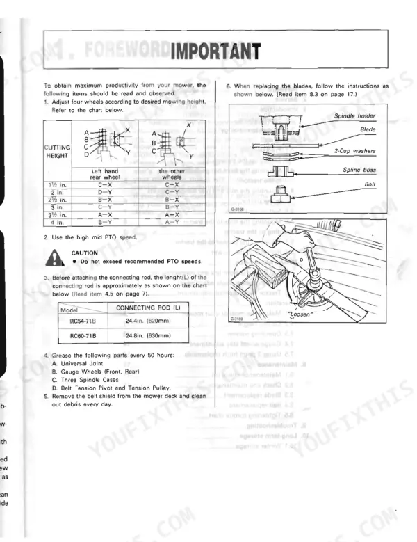 Kubota RC54-71B, RC60-71B mower deck cutting height chart, blade replacement diagram, and maintenance grease points.