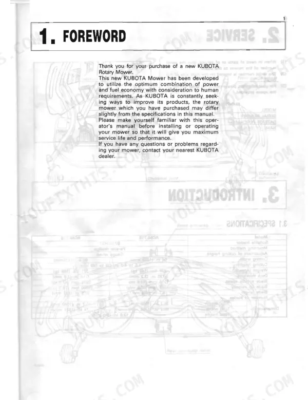 Kubota RC54-71B, RC60-71B foreword page with mower specifications table and component diagram.
