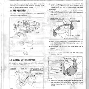 Kubota RC54-71B, RC60-71B mower deck pre-assembly and setup procedures including gauge wheel and anti-scalp roller installation.