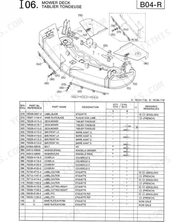 Kubota RC54-71B, RC60-71B mower deck exploded view diagram and parts list for deck covers, bars, and safety labels.
