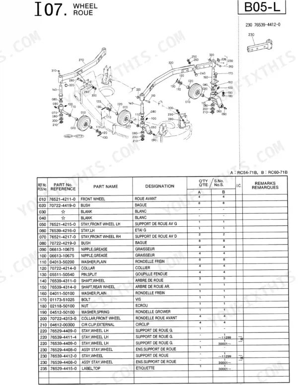 Kubota RC54-71B, RC60-71B exploded view diagram and parts list for mower deck front wheel and stay assembly components.