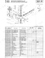 kubota-rc54-71b-rc60-71b-rotary-mower-parts-catalog-97898-30491-drivetrain-parts-9.webp Kubota RC54-71B, RC60-71B exploded view diagram and parts list for the gear box center pulley and bevel gear assembly.