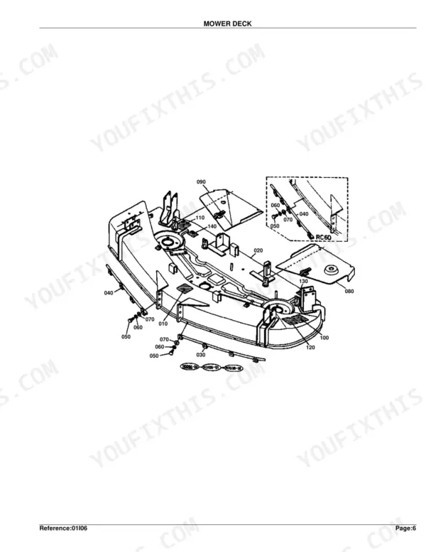 Kubota RC54-71B mower deck exploded view diagram showing deck shell, hardware, and discharge cover components.
