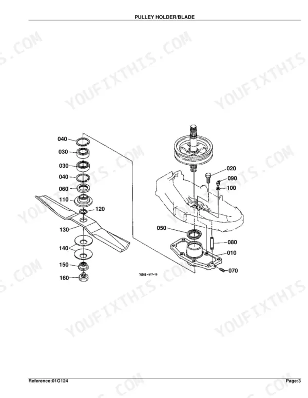 Kubota RC54-G20 exploded view diagram of mower deck pulley holder and blade assembly components.