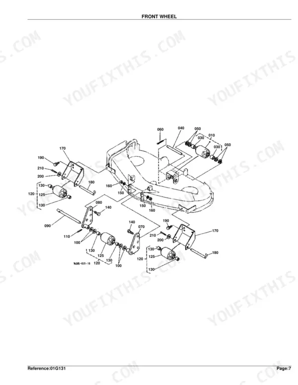 Kubota RC54-G20 exploded view diagram of the front wheel and mower deck roller assembly components.