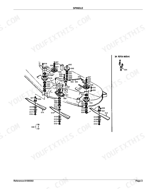 Kubota RC60-72H exploded view diagram of mower deck spindle assembly, blades, pulleys, and mounting hardware.
