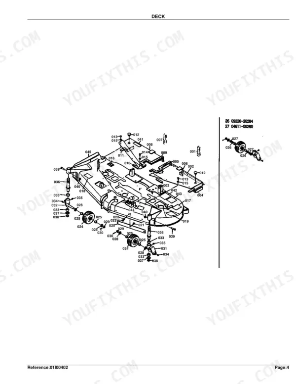 Kubota RC60-72H mower deck exploded view diagram showing gauge wheels, brackets, and hardware assembly components.