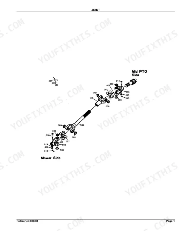 Kubota RC60-72H exploded view diagram of the mower deck joint assembly, showing Mid PTO and Mower side drive shaft components.