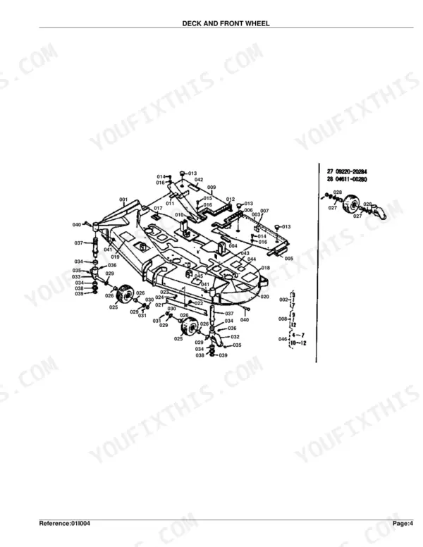 Kubota RC60-82H exploded view diagram of mower deck assembly, gauge wheels, and front wheel mounting components.