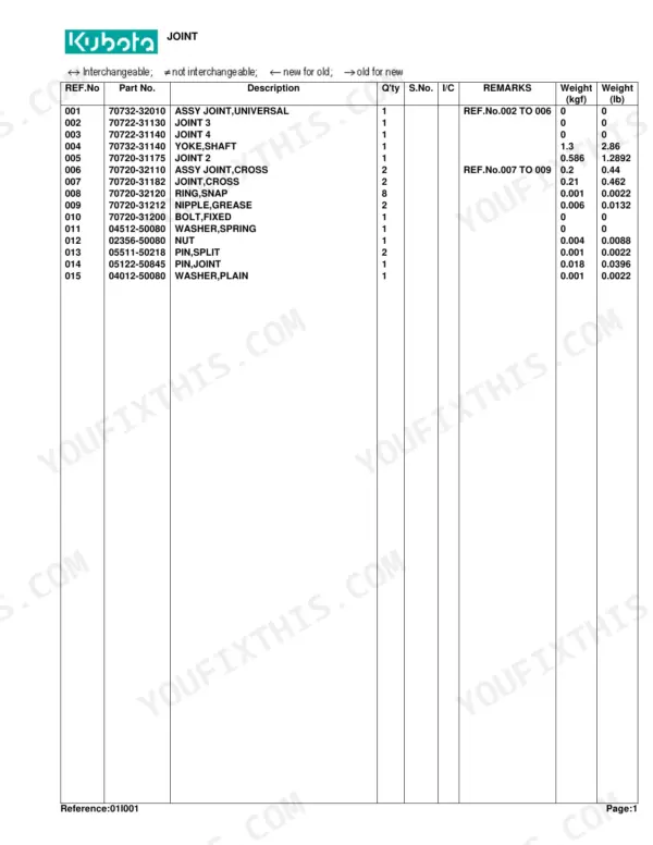 Kubota RC60-82H parts list for universal joint assembly, including part numbers for yokes, cross joints, and hardware.