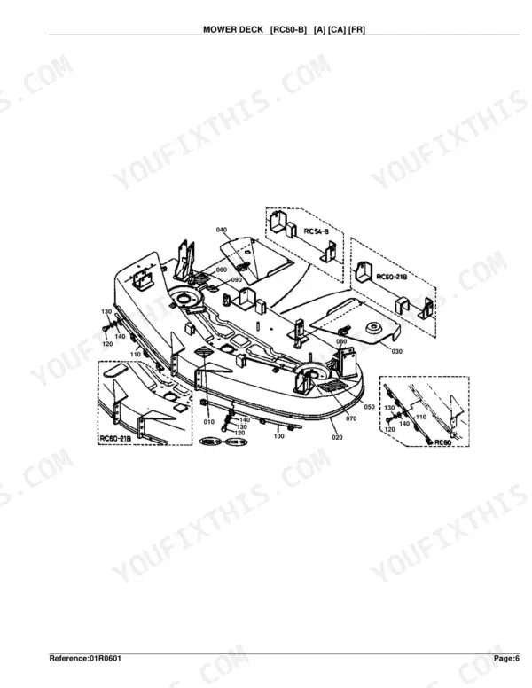 Kubota RC60-B mower deck exploded view diagram showing deck shell, baffles, and mounting hardware components.